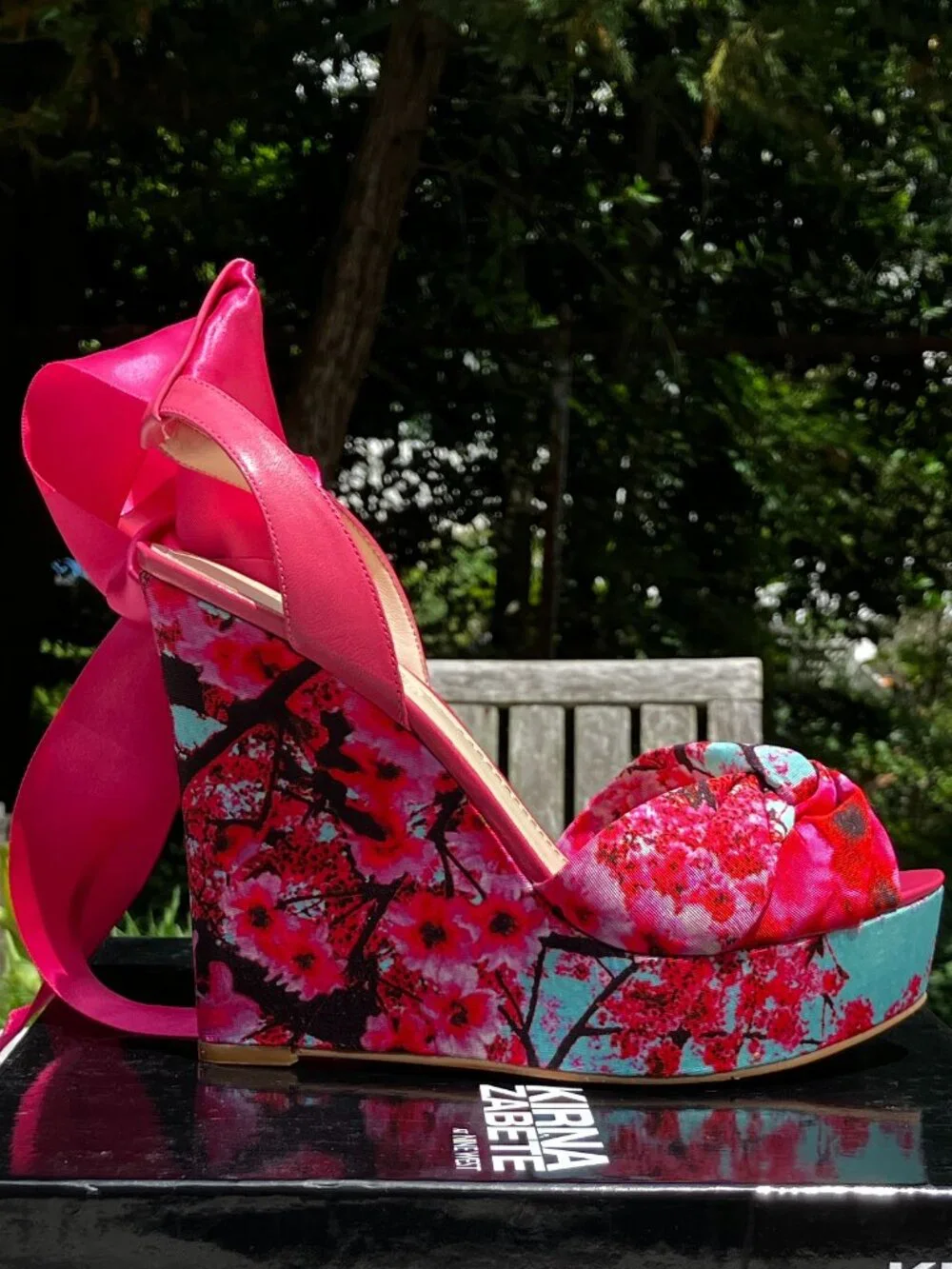 NWT🌺Cherry Blossom and Pink Satin Ribbon Platform Wedge Sandals